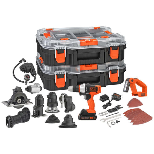 BLACK+DECKER 20V MAX* 10 ATTACHMENT MATRIX KIT featuring Drill/Driver, Impact Driver, Sander, Jigsaw, Reciprocating  Saw, Trim Saw, Oscillating Multi-Tool, Router and Inflator Attachments, LED Work Light, 2 Stackable storage cases and Accessories