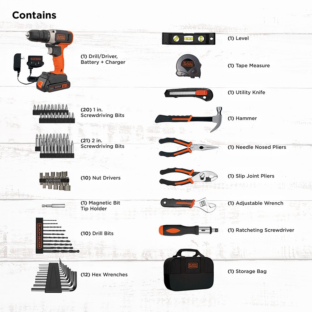 Home Tool Kit With 20V MAX Drill Driver 83 Piece BLACK DECKER