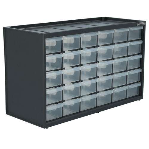 Close up image of BLACK+DECKER 30-Drawer Black Bin Organizer System angled to face the right