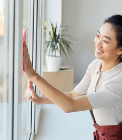 woman cleaning a window