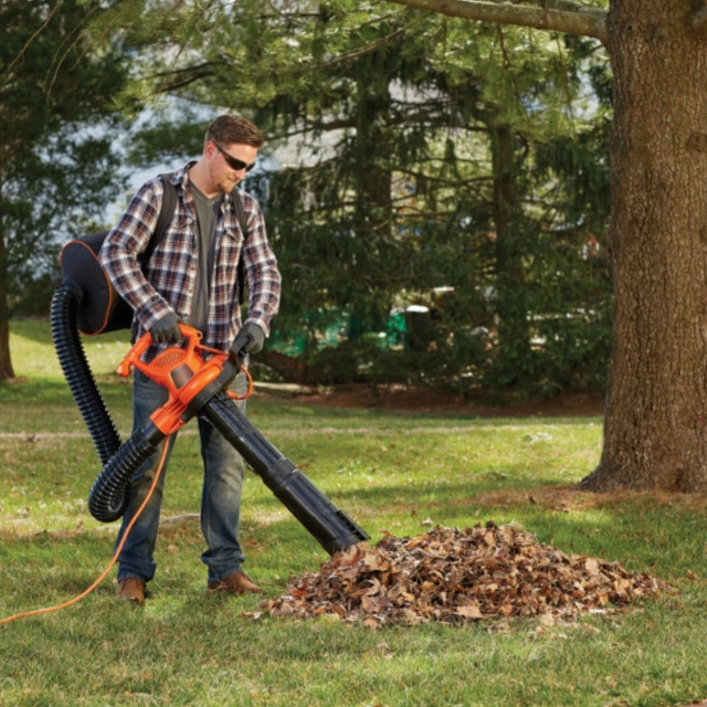 Man using electric leaf vacuum