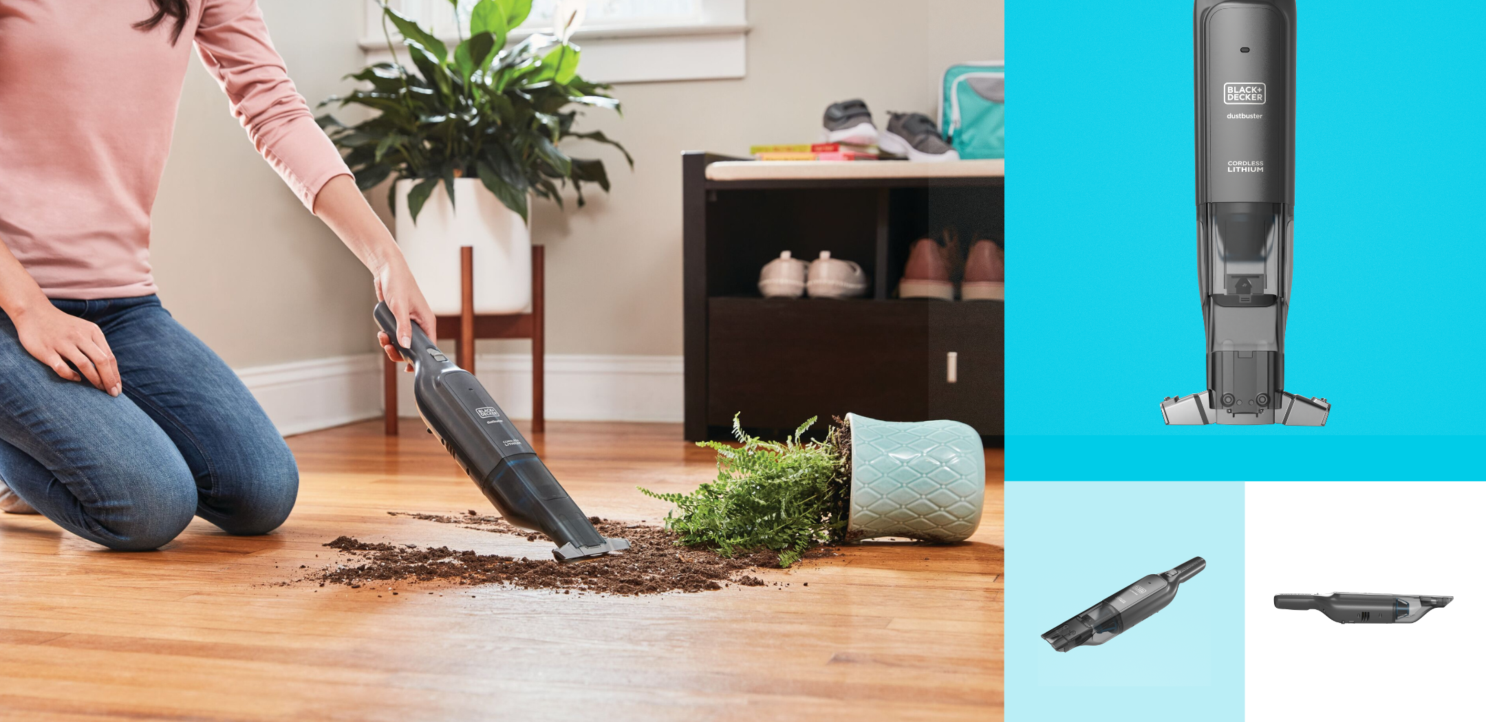 Woman cleaning up a spill with a dustbuster.