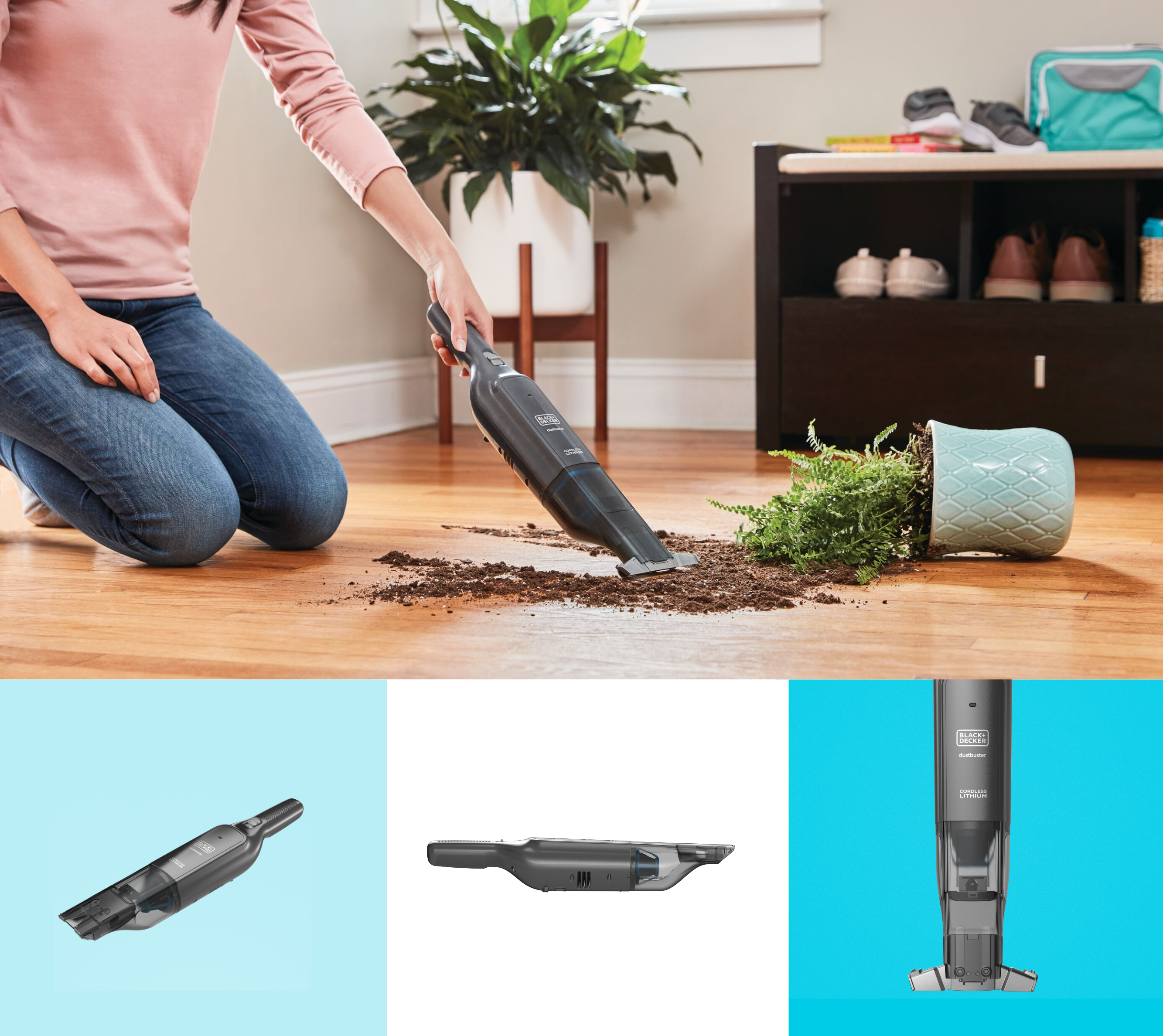 Woman cleaning up a spill with a dustbuster.