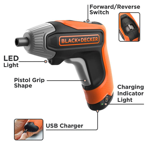 View of BLACK+DECKER 4V Max Cordless Screwdriver features walkaround